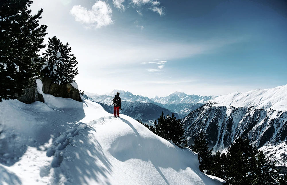 A snow-covered mountain with trees and a hiker
